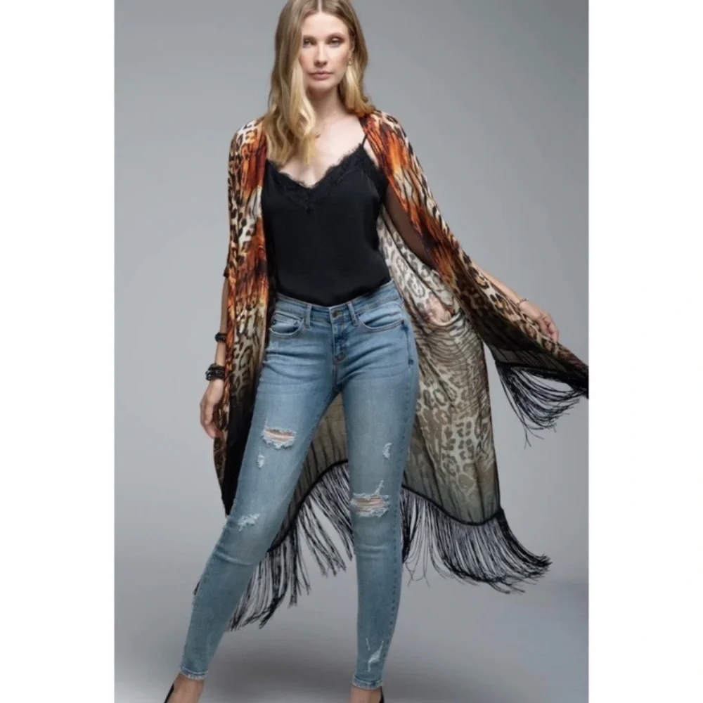 🌺LAST1️⃣🌺New Beautiful Flowy Leopard Print Fringe Open Style Kimono - Picture 9 of 9